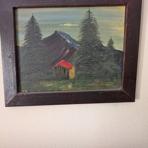 Rustic Mountain Cabin Art with Red Roof